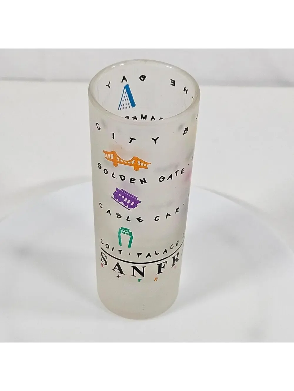 Vintage San Francisco Frosted Shot Glass Golden Gate Cable Car Souvenir